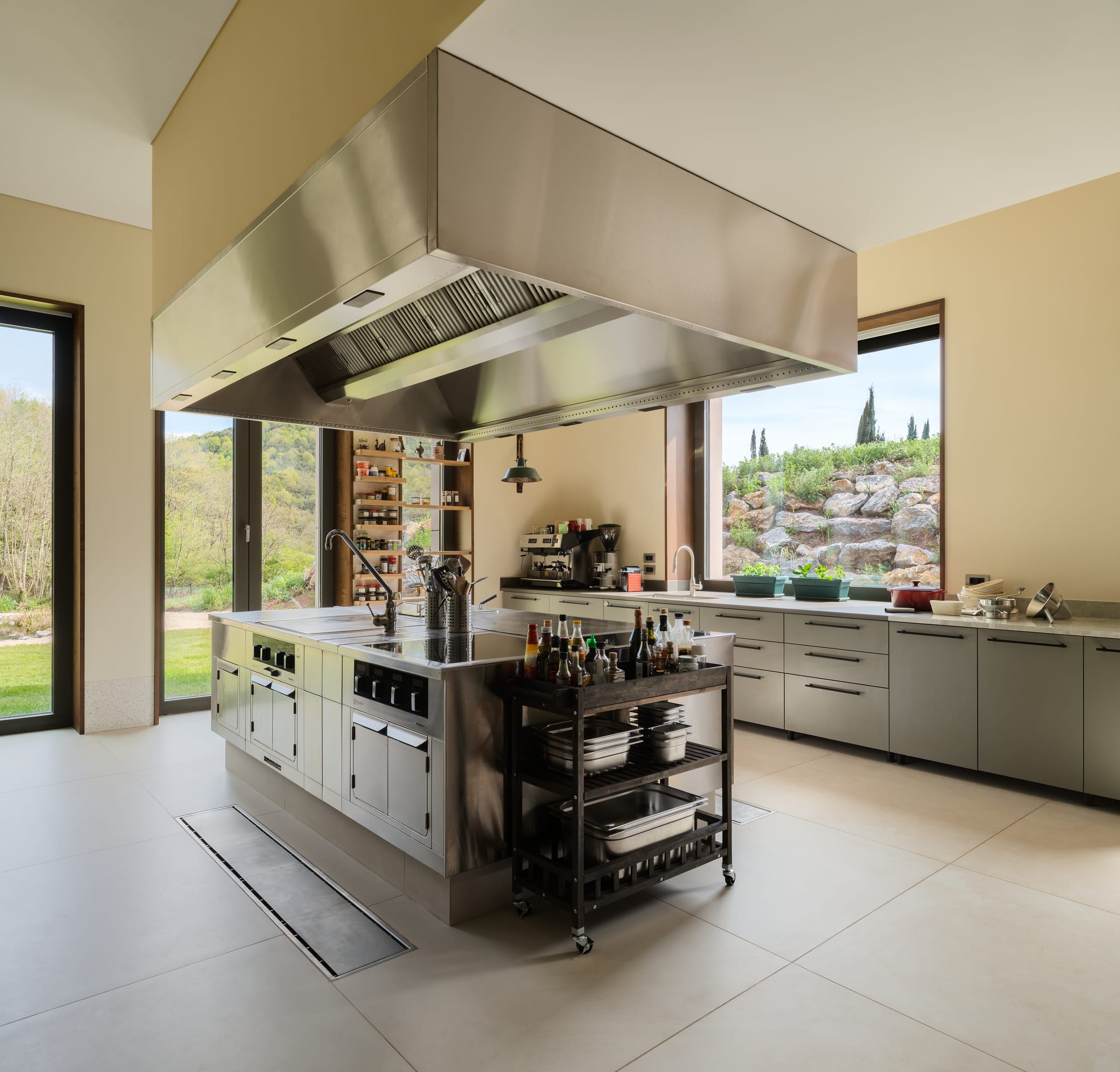 A stainless steel professional kitchen with a large extract canopy above the island and full-height windows beyond.